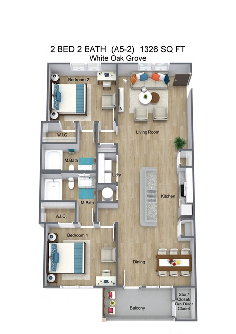 Floor plan for 2 beds, 2 baths, 1326 sqft